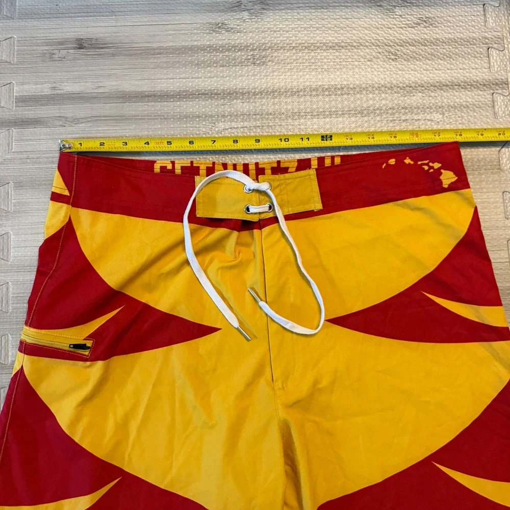 Getnutz HI Board Shorts Mens 36 Yellow Red Hawaii Graphic Surf Trunks Beachwear
